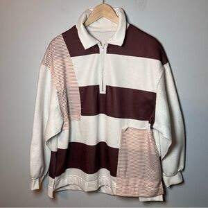 Patchwork-style Rugby Polo 1/4 Zip Collar Shirt Women’s XL Fleece Sleeves